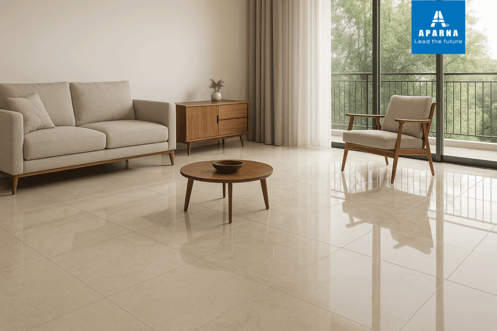 Glossy vitrified tiles flooring in a modern Hyderabad living room